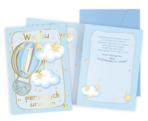 Karnet PR-429 Urodziny 1 (roczek, cyferki, niebieski balon)