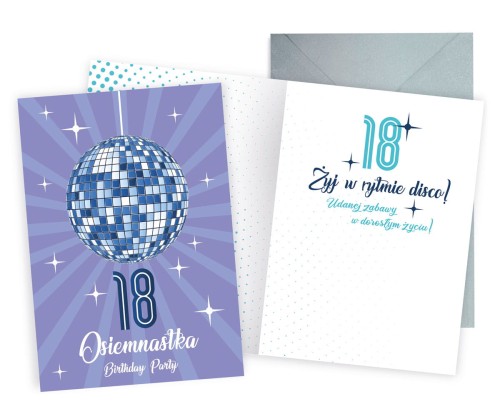 Karnet DKP-007 Urodziny 18 (osiemnastka, cyfry, disco)