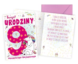 Karnet PR-453 Urodziny 9 (cyferki, jednorożec)