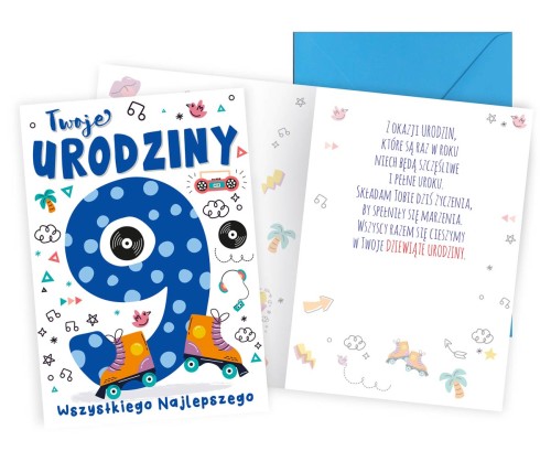 Karnet PR-454 Urodziny 9 (cyferki, wrotki)