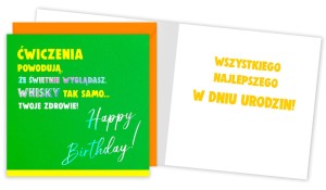 Karnet QR-006 Urodziny (ćwiczenia, whisky, Twoje zdrowie)