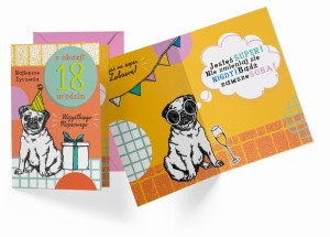 Karnet PR-395 Urodziny 18 (osiemnastka, cyfry, mops)