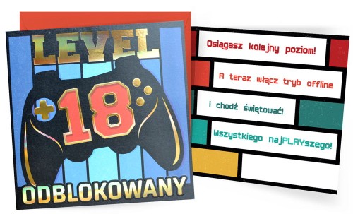 Karnet QR-016 Urodziny 18 (osiemnastka, cyfry, level)