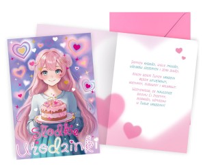Karnet PR-558 Urodziny (anime, dziewczęce, tort)