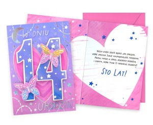 Karnet DK-1266 Urodziny 14 (dziewczynka, cyferki, motyle)
