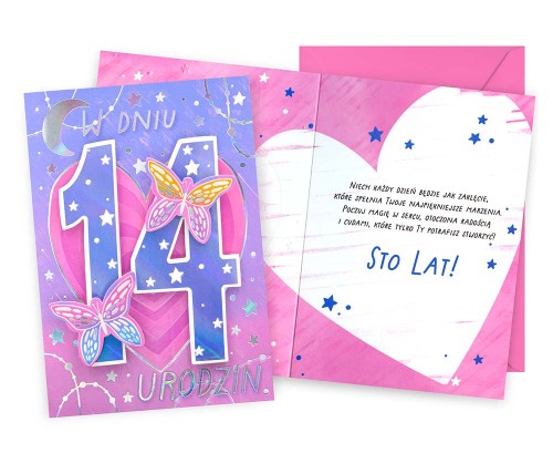 Karnet DK-1266 Urodziny 14 (dziewczynka, cyferki, motyle)