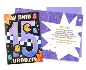 Karnet DK-1267 Urodziny 15 (chłopiec, cyferki, pac-man)