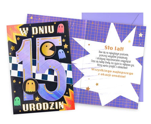 Karnet DK-1267 Urodziny 15 (chłopiec, cyferki, pac-man)