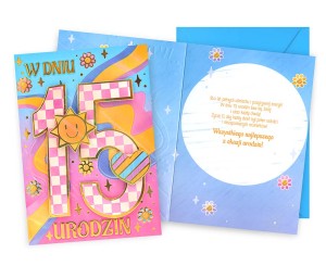 Karnet DK-1268 Urodziny 15 (dziewczynka, cyferki, kwiatki)