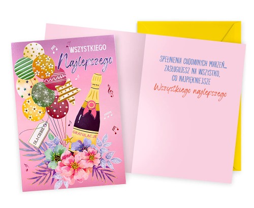 Karnet DK-1389 Wszystkiego najlepszego (damskie, szampan, balony)