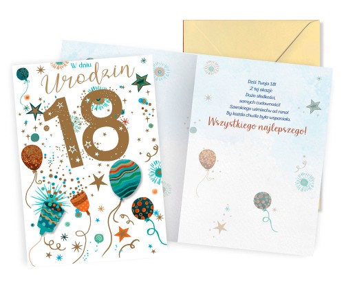 Karnet DK-1393 Urodziny 18 (osiemnastka, balony, cyfry)