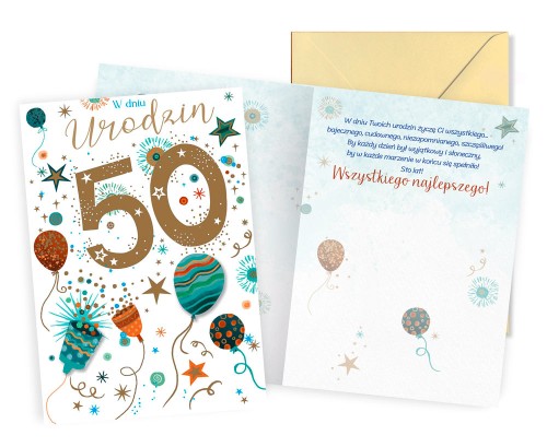 Karnet DK-1396 Urodziny 50 (balony, cyfry)